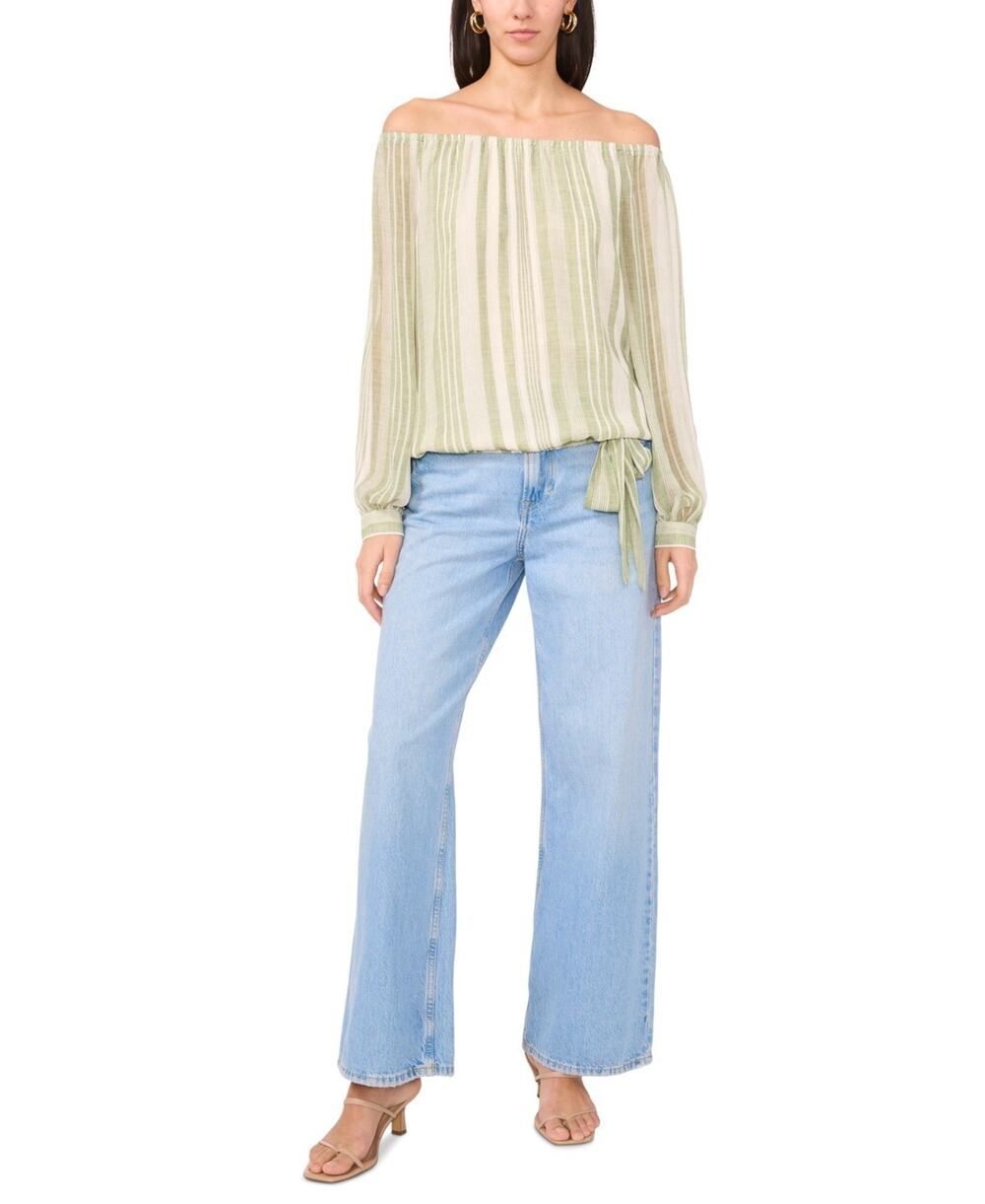 Vince Camuto Women's Stripe Off-the-Shoulder Tied-Hem Top Green Size L 4120